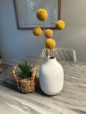 White Textured Ceramic Vase with Yellow Billy Balls & small artificial plant